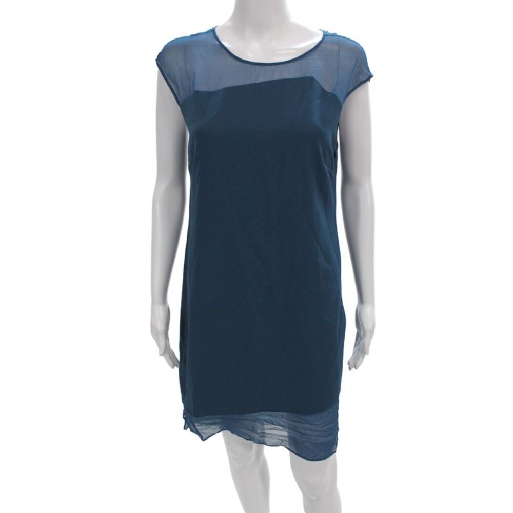 Parker Women Shift Dress Blue Sleeveless Round Neck Short Polyester Size S
